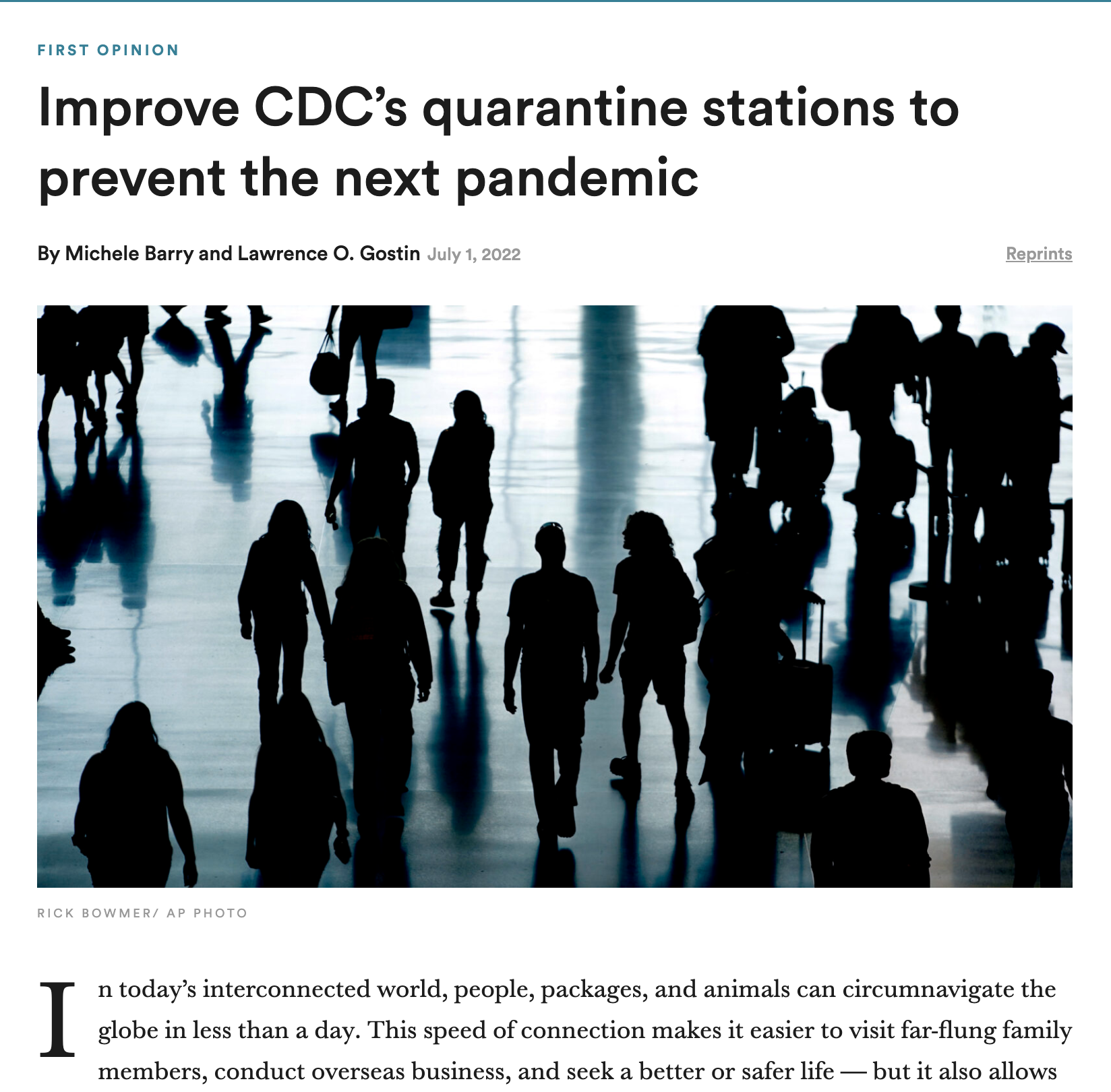 An op-ed in STAT news suggests ways to improve pandemic preparedness 